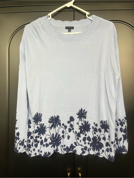 Talbots Sweaters - Talbots Pale Blue Sweater with Navy Floral Scalloped Border